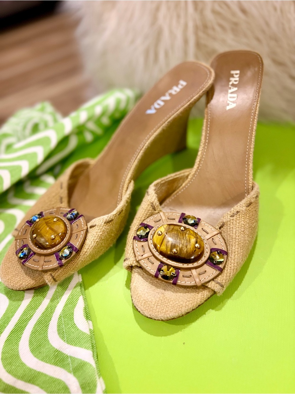 Prada Beige Tan Slide Mules with Amber & Purple Jewel Detail - Picture 2 of 8